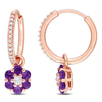 Mimi & Max 1 1/4 Ct Tgw Amethyst Nd White Topaz And 1/8 Ct Tdw Diamond Floral Huggie Earrings In 10k Rose Gold In Purple