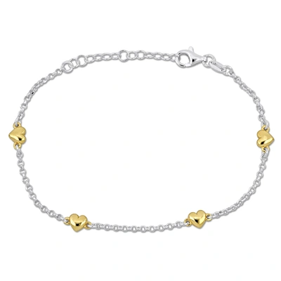 Mimi & Max Four Yellow Heart Charm Station Bracelet On Rolo Chain In Sterling Silver- 7+1 In.