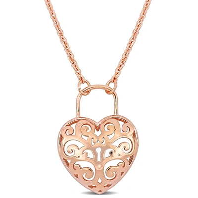 Mimi & Max Pink Heart Lock Charm Pendant W/ Chain In 18k Rose Gold Plated Silver - 16+3 In.