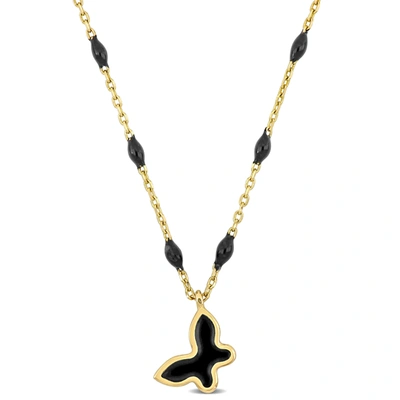 Mimi & Max Womens 14k Yellow Gold Black Enamel Butterfly Necklace W/ Spring Ring Clasp - 16+2 In.