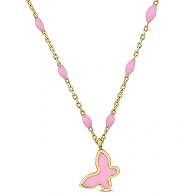 Mimi & Max Womens 14k Yellow Gold Pink Enamel Butterfly Necklace W/ Spring Ring Clasp - 16+2 In.