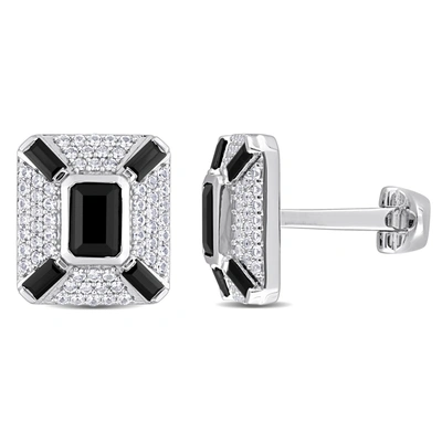 Mimi & Max 5-4/5ct Tgw Octagon And Baguette-cut Created Black Sapphire And White Sapphire Cufflinks In Sterling In Silver