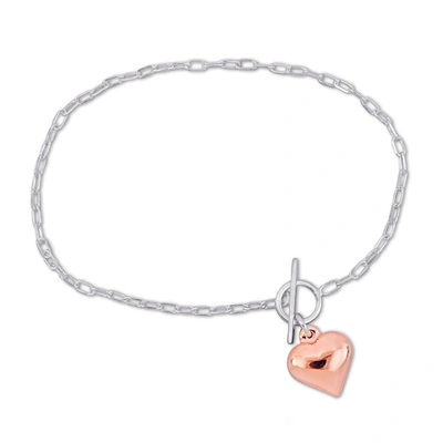 Mimi & Max Rose Heart Charm Bracelet W/ Toggle Clasp In Pink And Sterling Silver - 7.5 In.