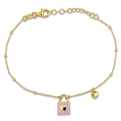 Mimi & Max Pink Enamel Lock And Heart Charm Bracelet In Yellow Silver- 7+1 In.