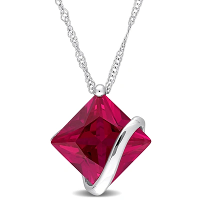 Mimi & Max 3ct Tgw Created Ruby Square Pendant With Chain In 10k White Gold In Red