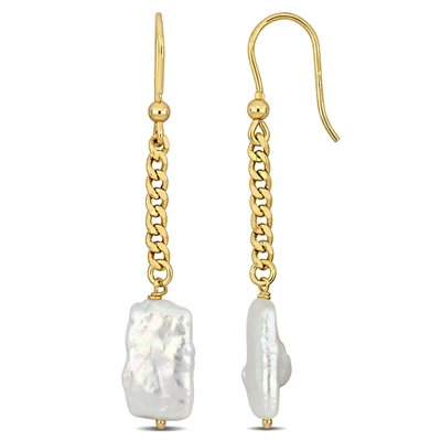 Mimi & Max Cultured Freshwater Pearl Shepard Hook Drop Earrings With Curb Chain In Yellow Gold Plated Sterling  In Silver