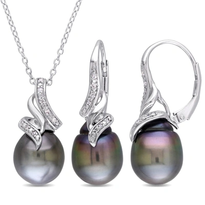 Mimi & Max Women's 2pc Set Of 9-9.5mm Black Tahitian Pearl And 1/10ct Tw Diamond Vintage Drop Pendant W/ Chain In Silver