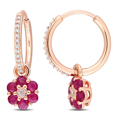 Mimi & Max 1 1/10 Ct Tgw White Sapphire Ruby And 1/8 Ct Tw Diamond Floral Hoop Earrings In 10k Rose Gold In Pink