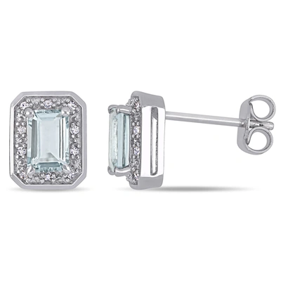 Mimi & Max 1/10ct Tw Diamond And Emerald Cut Aquamarine Halo Earrings In Sterling Silver In Blue