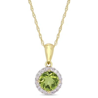 Mimi & Max 7/8ct Tgw Peridot And 1/10ct Tdw Diamond Halo Pendant With Chain In 10k Yellow Gold In Green
