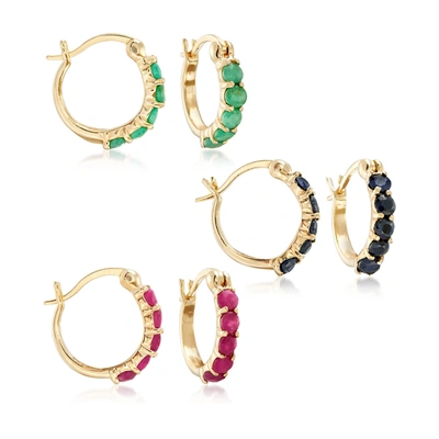 Ross-simons Ruby, Emerald And Sapphire Jewelry Set: 3 Pairs Of Huggie Hoop Earrings In White