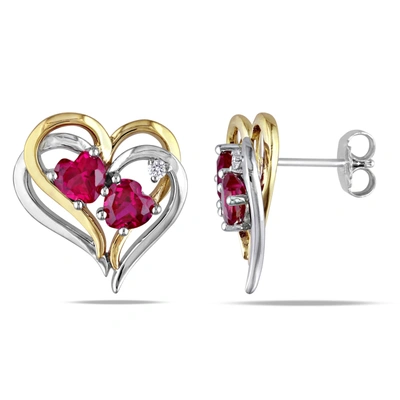 Mimi & Max 2 1/3ct Tgw Created Ruby And Diamond Accetn Heart Earrings In Two-tone Silver In Red