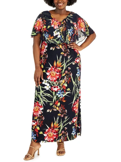 Connected Apparel Plus Womens Floral Print Tea Length Maxi Dress In Blue