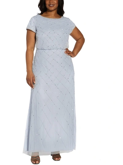 Adrianna Papell Plus Womens Mesh Embellished Evening Dress In Grey