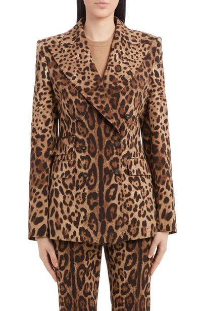 Dolce & Gabbana Leopard Print Double Breasted Stretch Wool Blazer In Multicolor