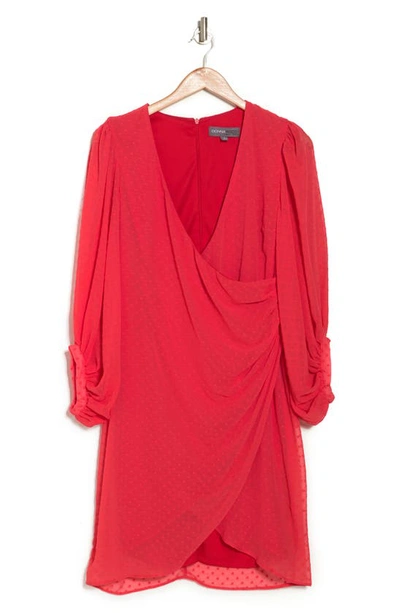 Donna Ricco Swiss Dot Balloon Sleeve Faux Wrap Dress In Hot Coral