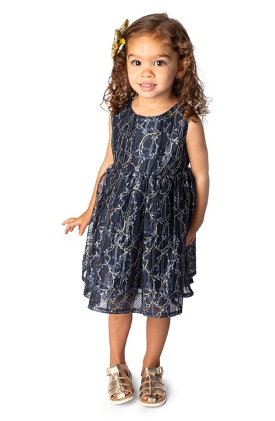 Popatu Babies' Metallic Lace Overlay Dress In Navy