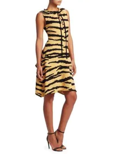 Proenza Schouler Sleeveless Tie-neck Tiered A-line Printed Crepe Dress In Tan Black Tiger