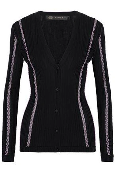Versace Woman Embroidered Ribbed Wool-blend Cardigan Black