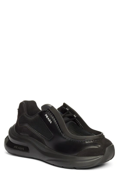 Prada Men's Systeme Brushed Leather Sneakers With Bike Fabric In Black  