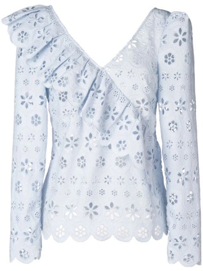 Self-portrait Ruffle-trim Broderie-anglaise Top In Light Blue