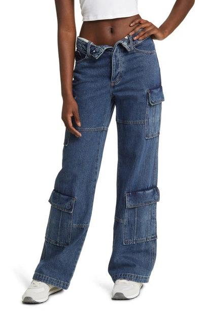 Ptcl Foldover Waist Wide Leg Cargo Jeans In Dark Wash