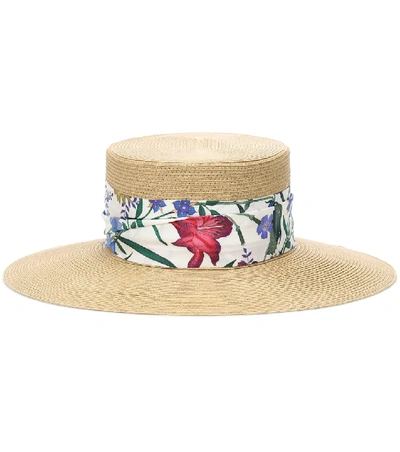Gucci Woven Hat With New Flora Ribbon In Neutrals