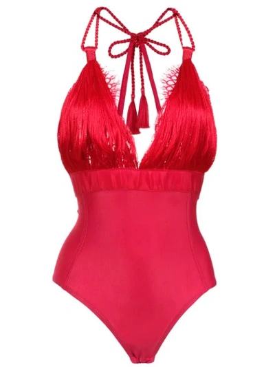 À La Garçonne Fringed Bodysuit In Red