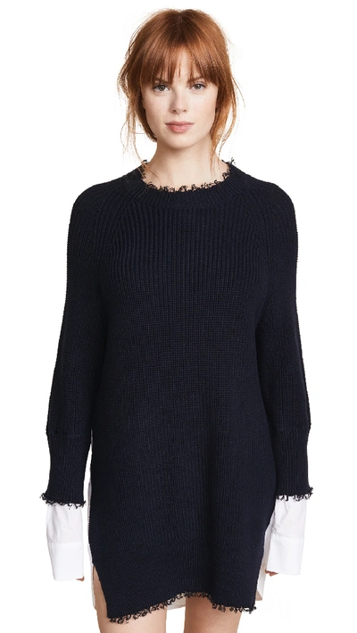 Alexander Wang T Poplin Inset Destroyed Sweater In Navy White