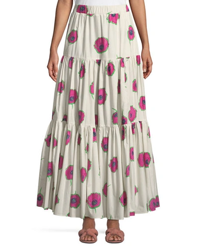 Double J Floral-print Tiered A-line Maxi Skirt In White Pattern