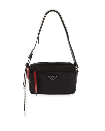 Prada Black Nylon Shoulder Bag With Studding In Black/red
