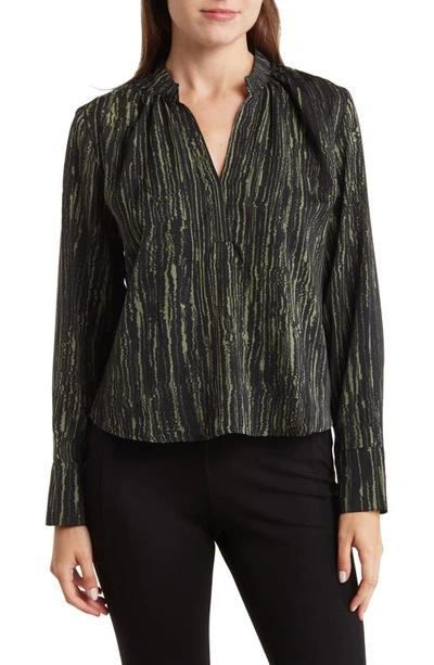 Melrose And Market Shirred Long Sleeve Blouse In Black- Green Sizzle Stripe