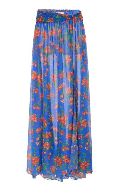 Caroline Constas Hera Printed Cotton And Silk-blend Voile Maxi Skirt In Bright Blue