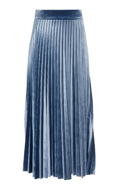 Luisa Beccaria Pleated Velvet-trimmed Crepe De Chine Midi Skirt In Blue