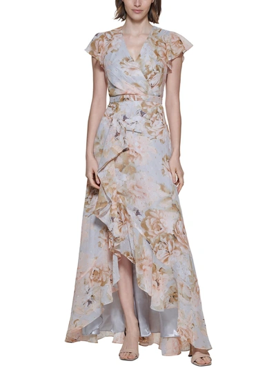 Calvin Klein Womens Floral Print Ruffled Evening Dress In Multi