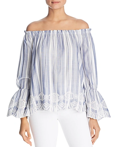 Design History Striped Embroidered Off-the-shoulder Top In Navy Sailor