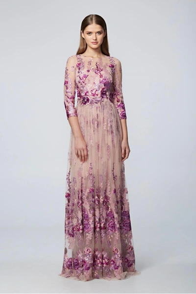 David Meister Floral Sleeve Evening Gown In Pink Multi