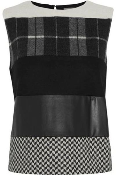 Max Mara Woman Paneled Faux Leather And Printed Virgin Wool Top Black