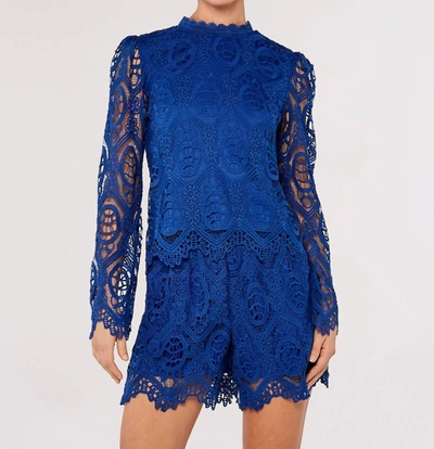 Apricot Guipure Scallop Lace High Neck Top In Cobalt Blue