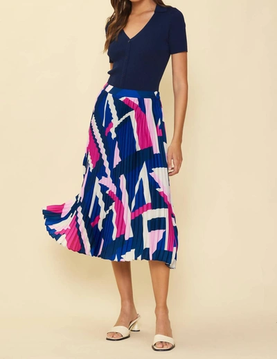 Skies Are Blue Geo Pleat Midi Skirt In Navy Hyper Pink In Multi