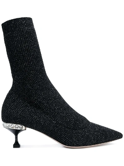 Miu Miu Crystal Embellished Sock Bootie In Black