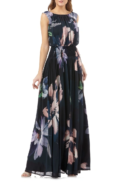 Kay Unger Floral Print Chiffon Gown In Black Multi