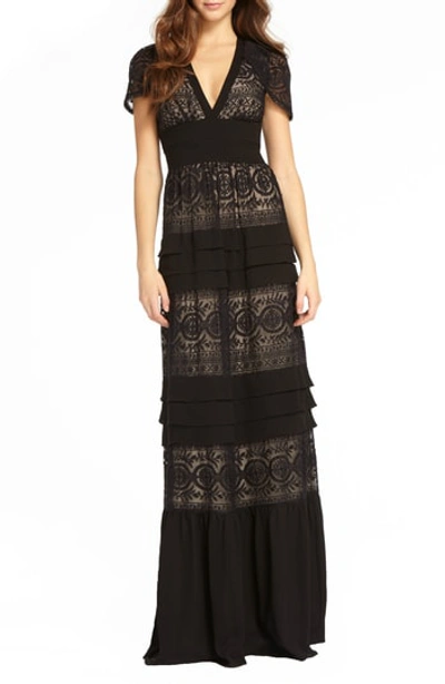 ml Monique Lhuillier Tiered Lace Gown In Black Nude