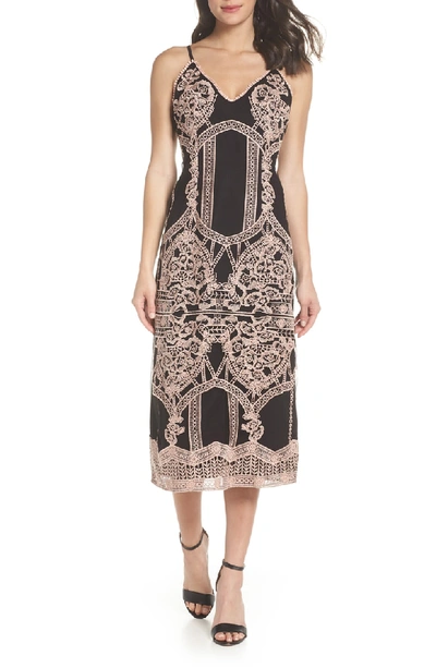 Foxiedox Embroidered V-neck Tea Length Dress In Black/ Nude