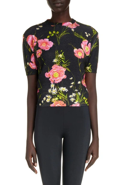 Balenciaga Floral Short Sleeve Crop Wool Rib Sweater In Black+red