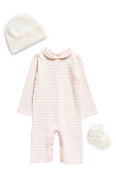 Rachel Riley Babies' Stripe Cotton Romper, Hat & Socks Set In Pink
