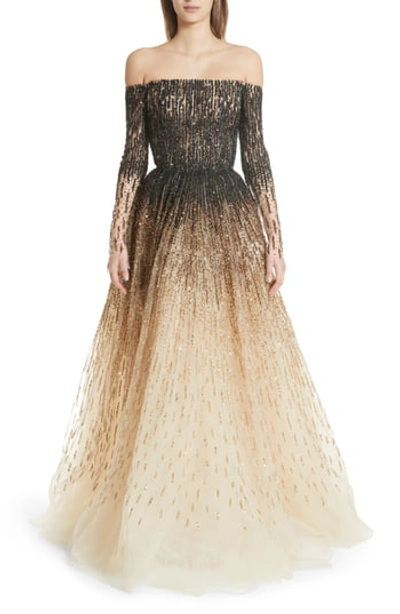 Pamella Roland Off-the-shoulder Ombre Sequin & Crystal-beaded Tulle Ball Gown, Black/gold In Black-gold