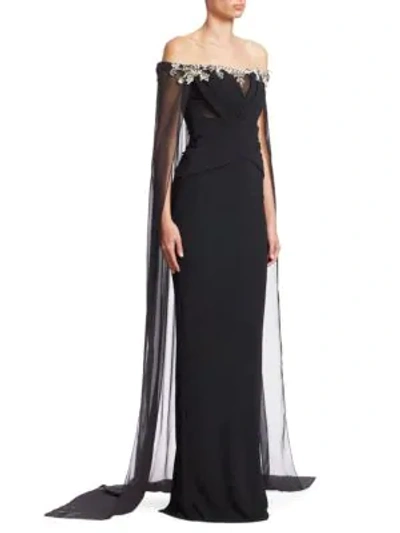 Pamella Roland Off-the-shoulder Stretch-crepe Column Evening Gown W/ Chiffon Cape In Black