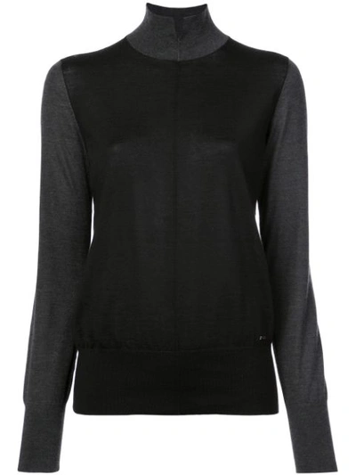 Akris Mock-neck W/ Slit Bicolor Cashmere Knit Pullover Sweater In Black Slate