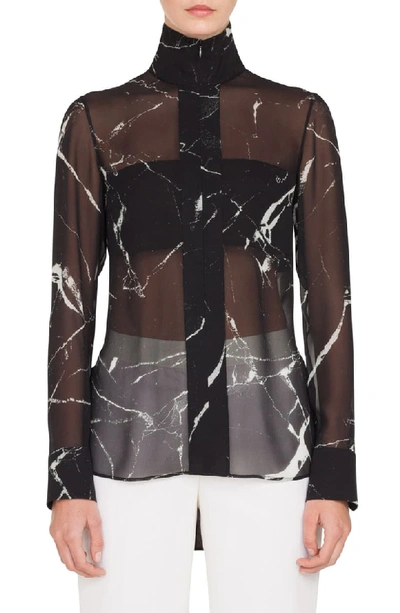 Akris Long-sleeve Zip-front Marble Tiles Print Silk Crepe Tunic Blouse In Black